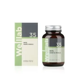 Cilt, saç ve tırnak sağlığı için MSM, Biotin ve Çinko içeren Welllab Skin Hair Nails 60 Tablet kutusu.